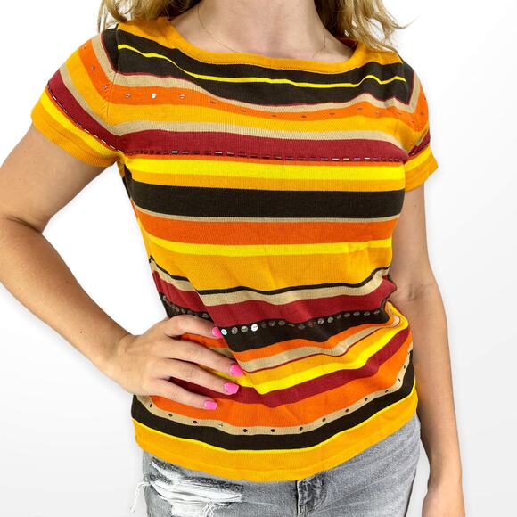 90s JOHN PAUL RICHARD Vintage Orange Striped Sequin Beaded Knit Top - Picture 2 of 7